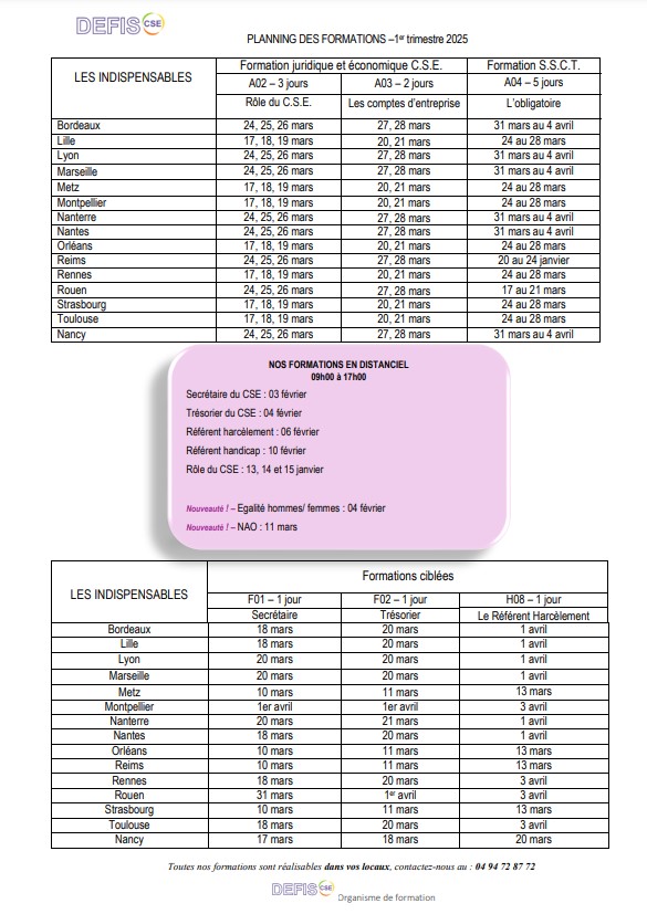 Planning des formations 1er trimestre 2025 - DEFIS CSE
